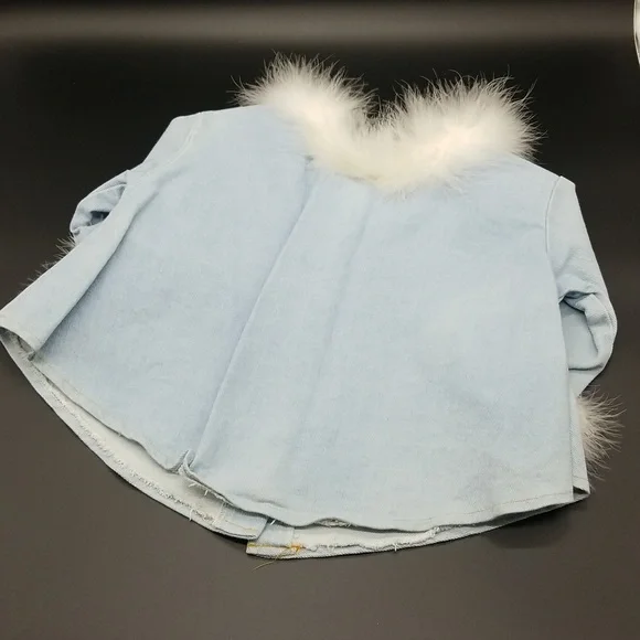 Princess Kids USA 12 Month Light Blue Denim Jean Jacket with White Faux Feathers - Picture 5 of 7